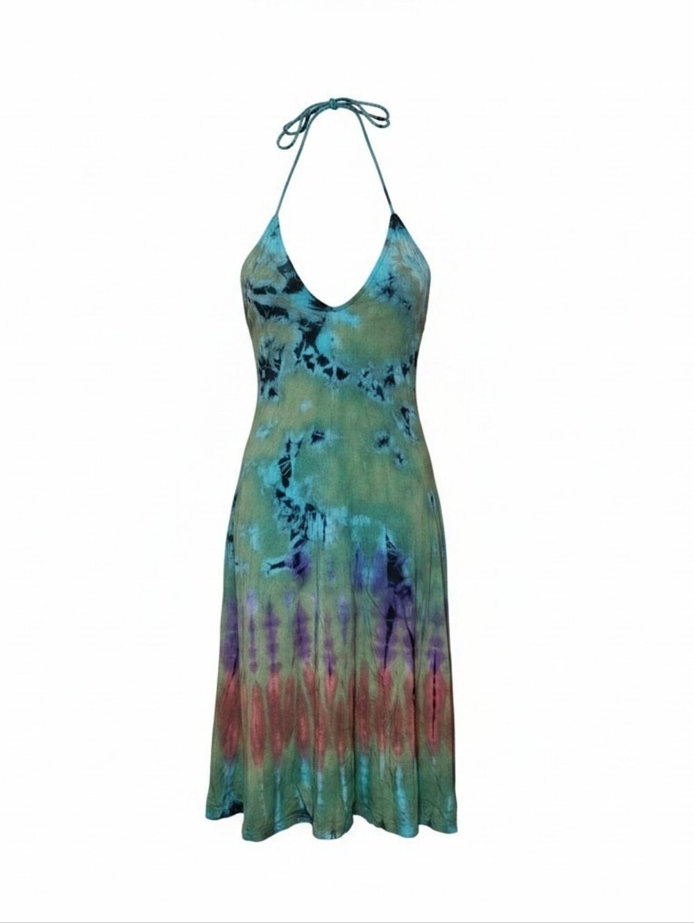 Tie-Dye Halter Midi Dress in Teal and Multicolor